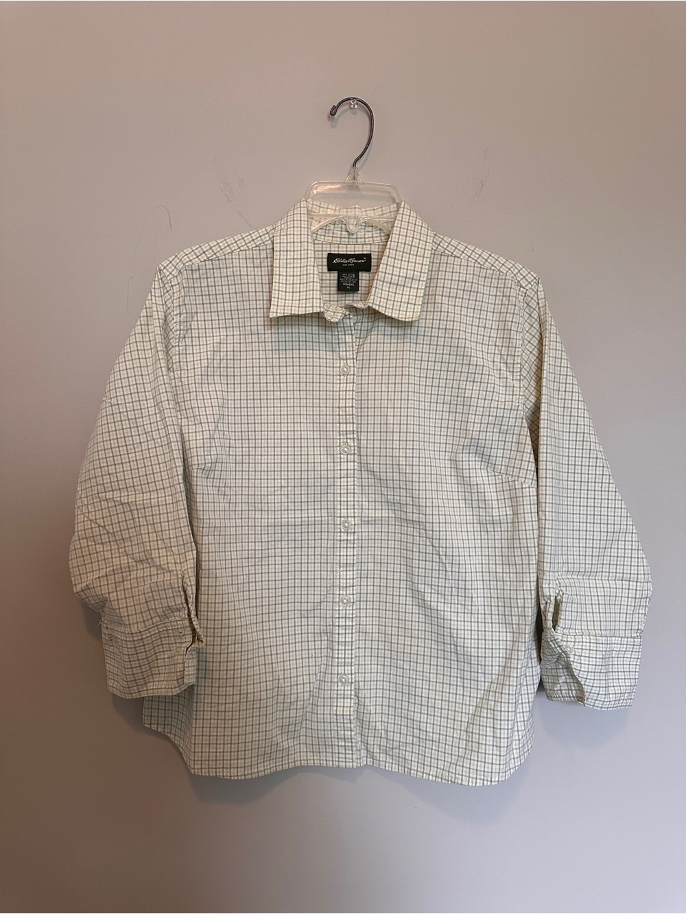 Eddie Bauer Women's Cream Button-Down Shirt with Green Plaid
